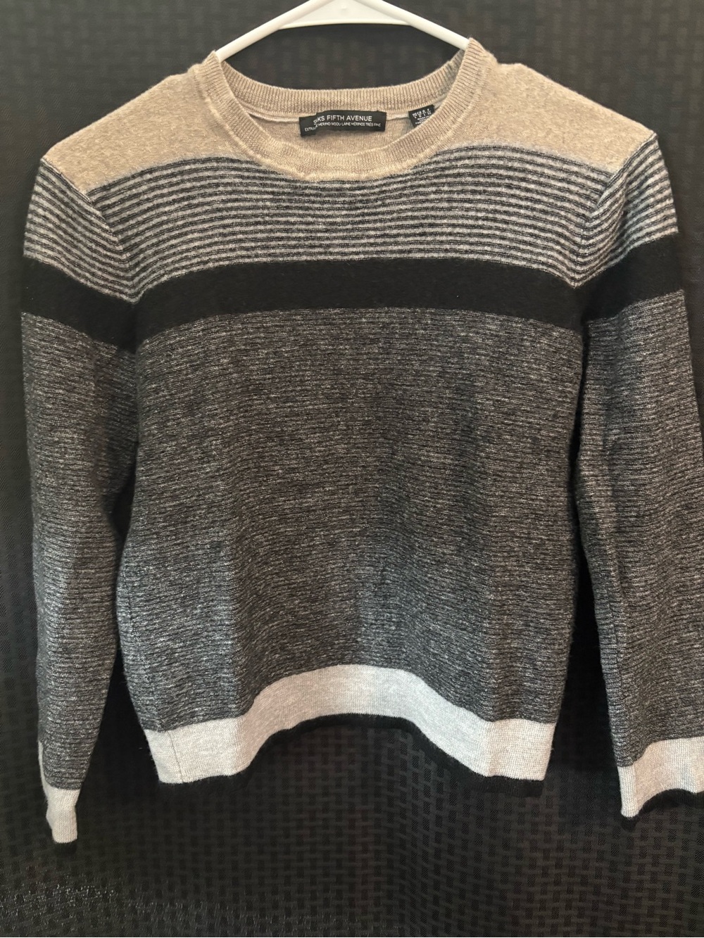 Saks Fifth Avenue Striped Crewneck Sweater in Black, Gray & Tan